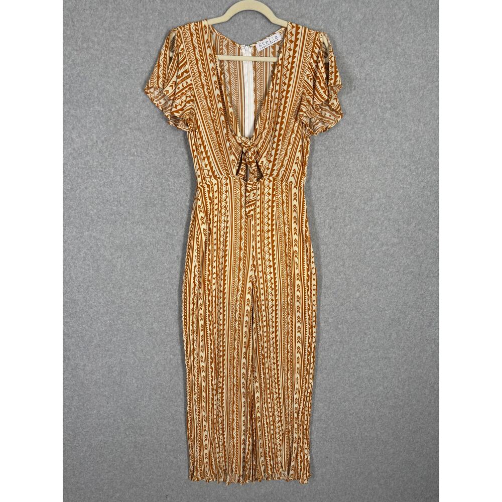 Stella Jumpsuit Medium Mustard Crop Tie Front Flowy Gauze Crinkle Boho Ikat Vaca